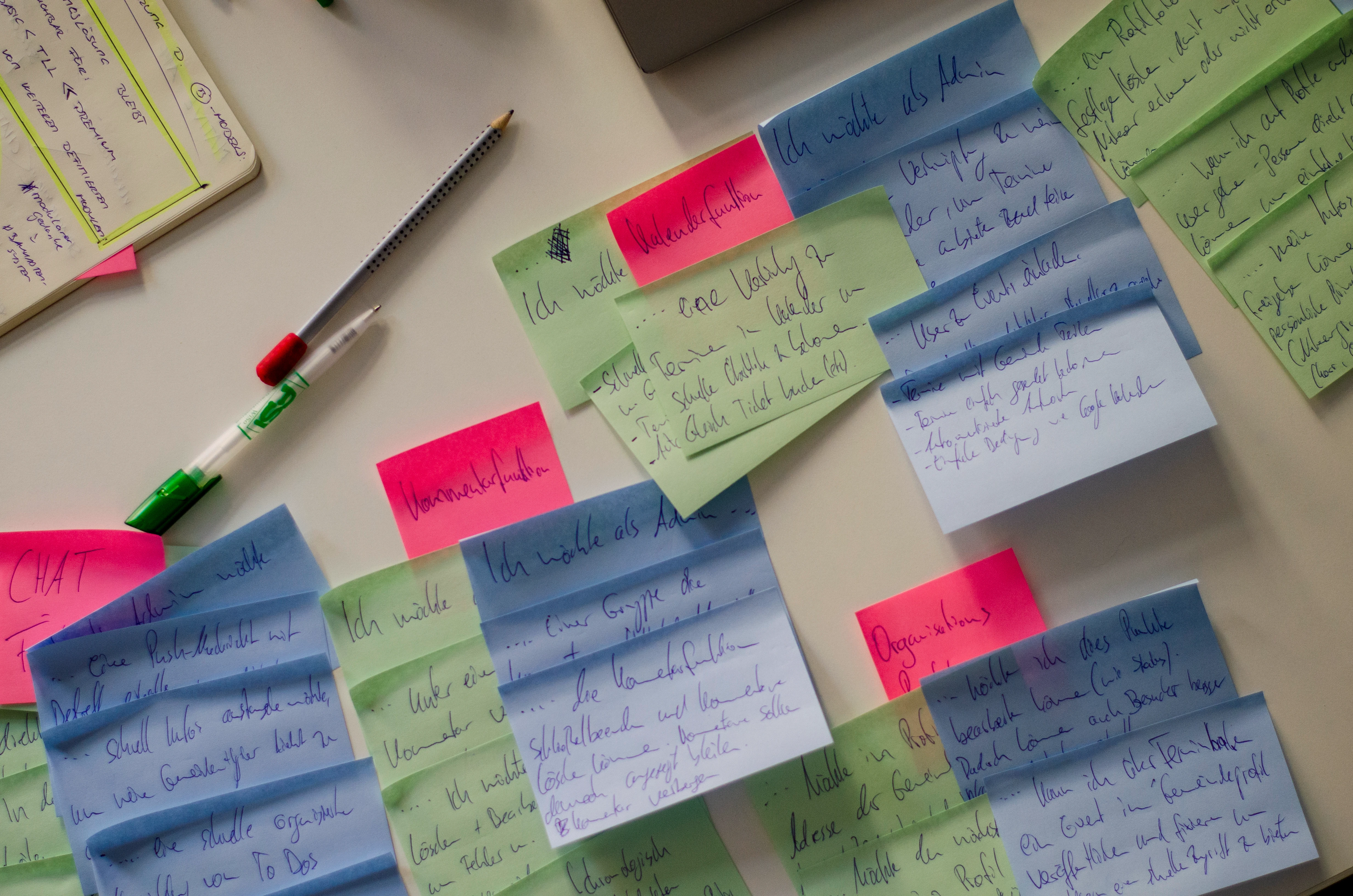 Workshop-Phase mit farbigen Post-its und handschriftlichen Ideen zur Strukturierung von Anforderungen