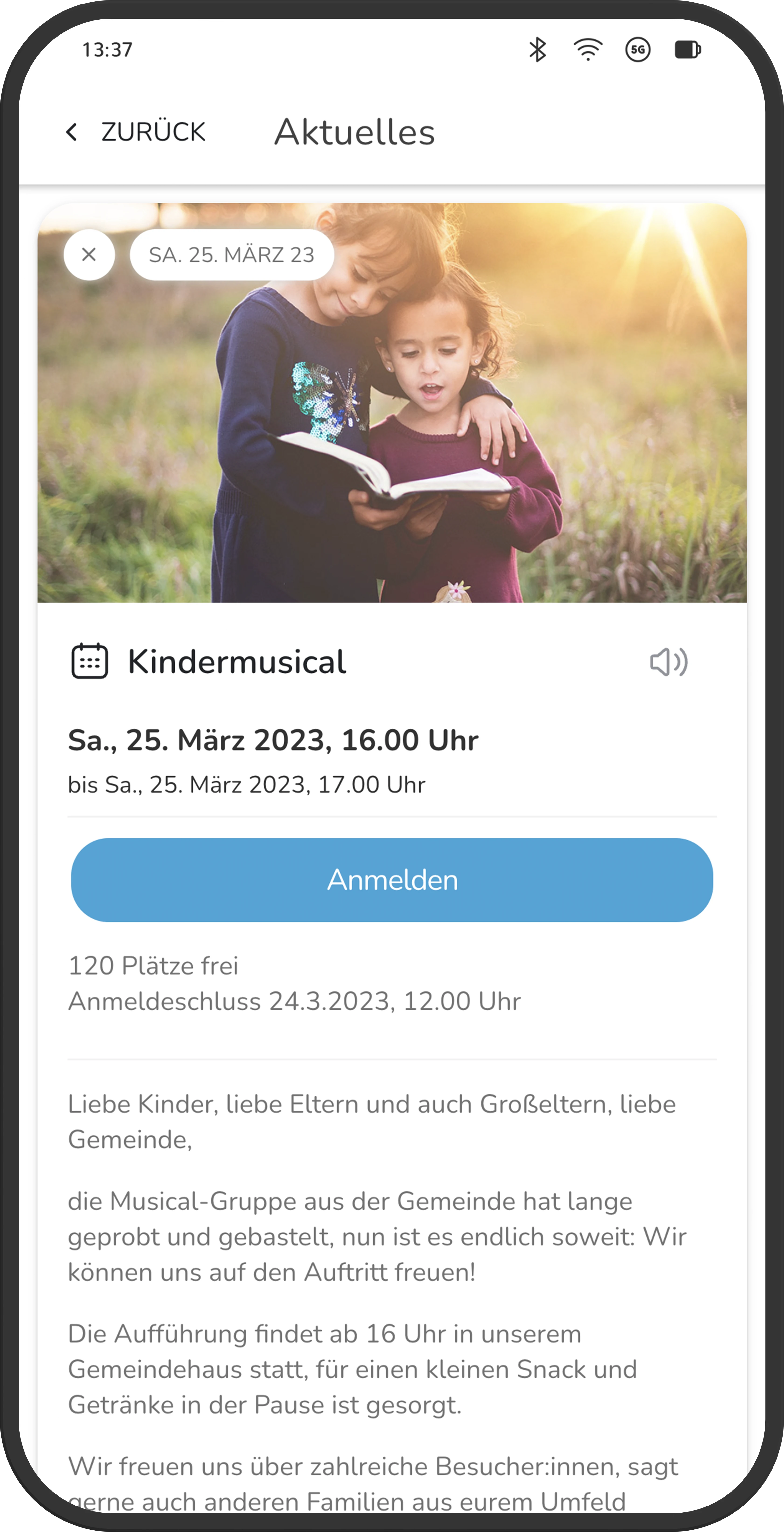Detailansicht eines Events mit Datum, Beschreibung und Anmeldefunktion
