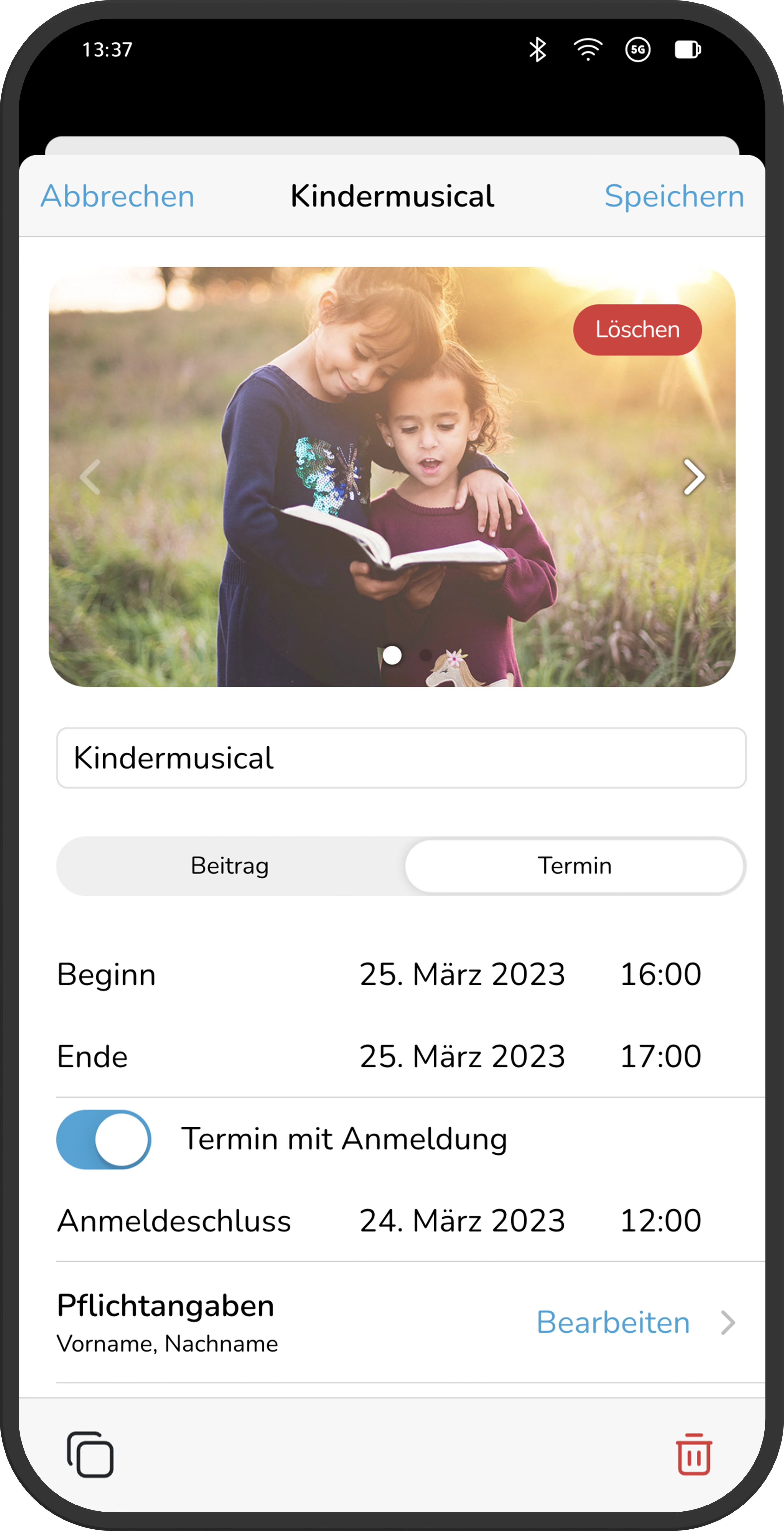 Bearbeitungsansicht eines Events mit Formularfeldern, Terminoptionen und Einstellungen