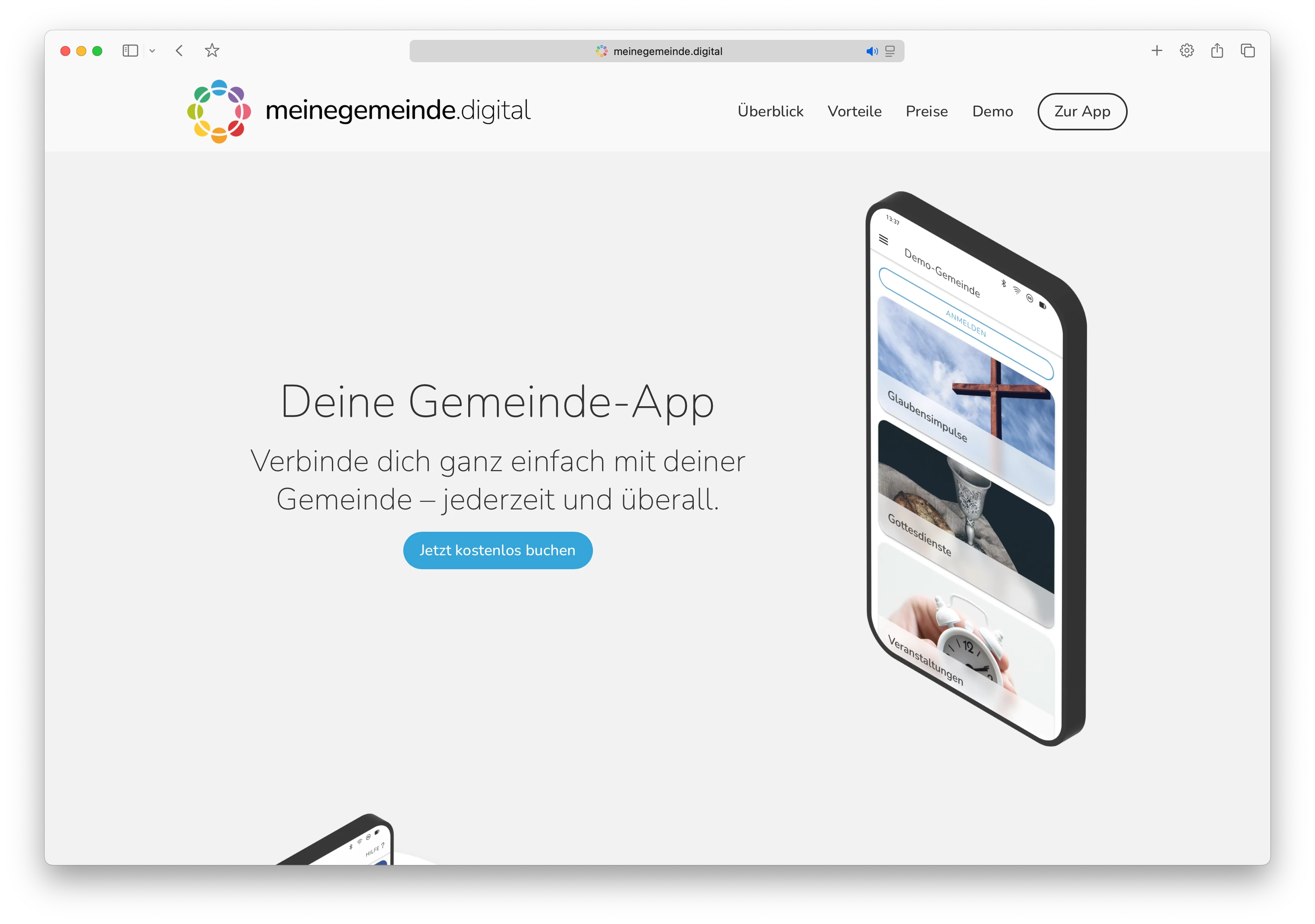 Landingpage der Plattform mit Produktversprechen und App-Vorschau auf Smartphone