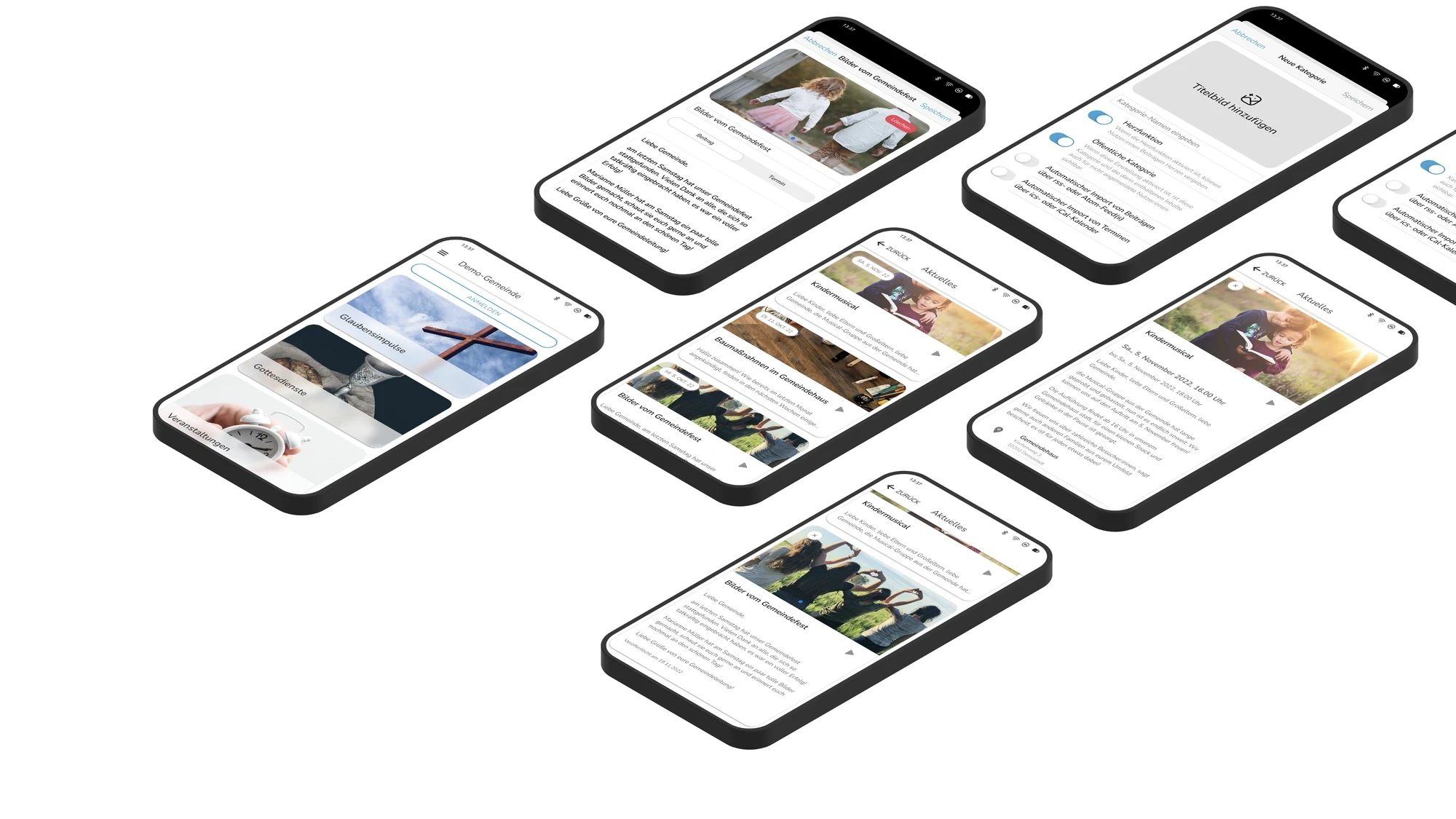 Isometrische Darstellung mehrerer App-Screens mit Fokus auf Inhalte und Interaktionen
