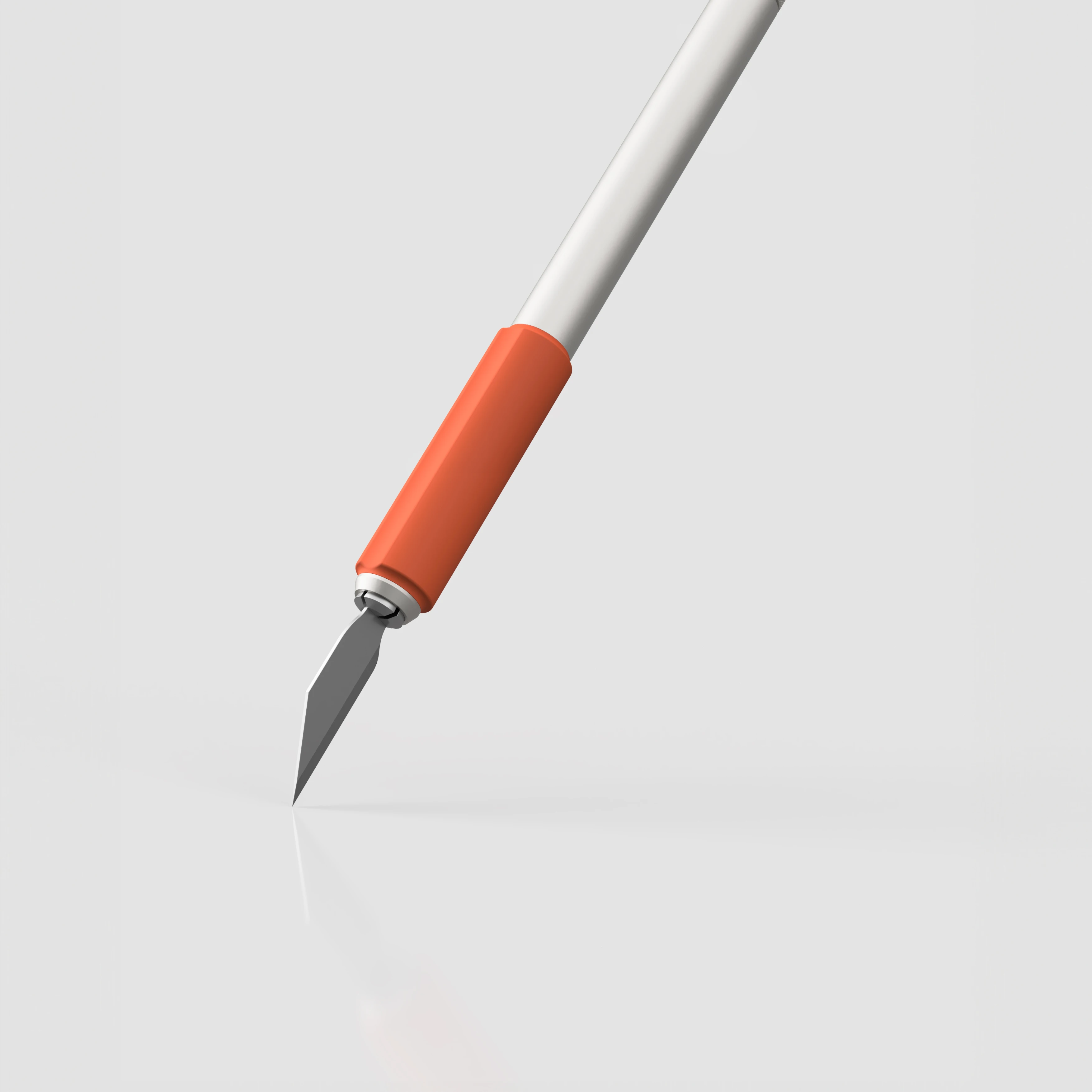 3D-Rendering des Skalpells mit orangem Griff und präziser Klinge in schräger Ansicht