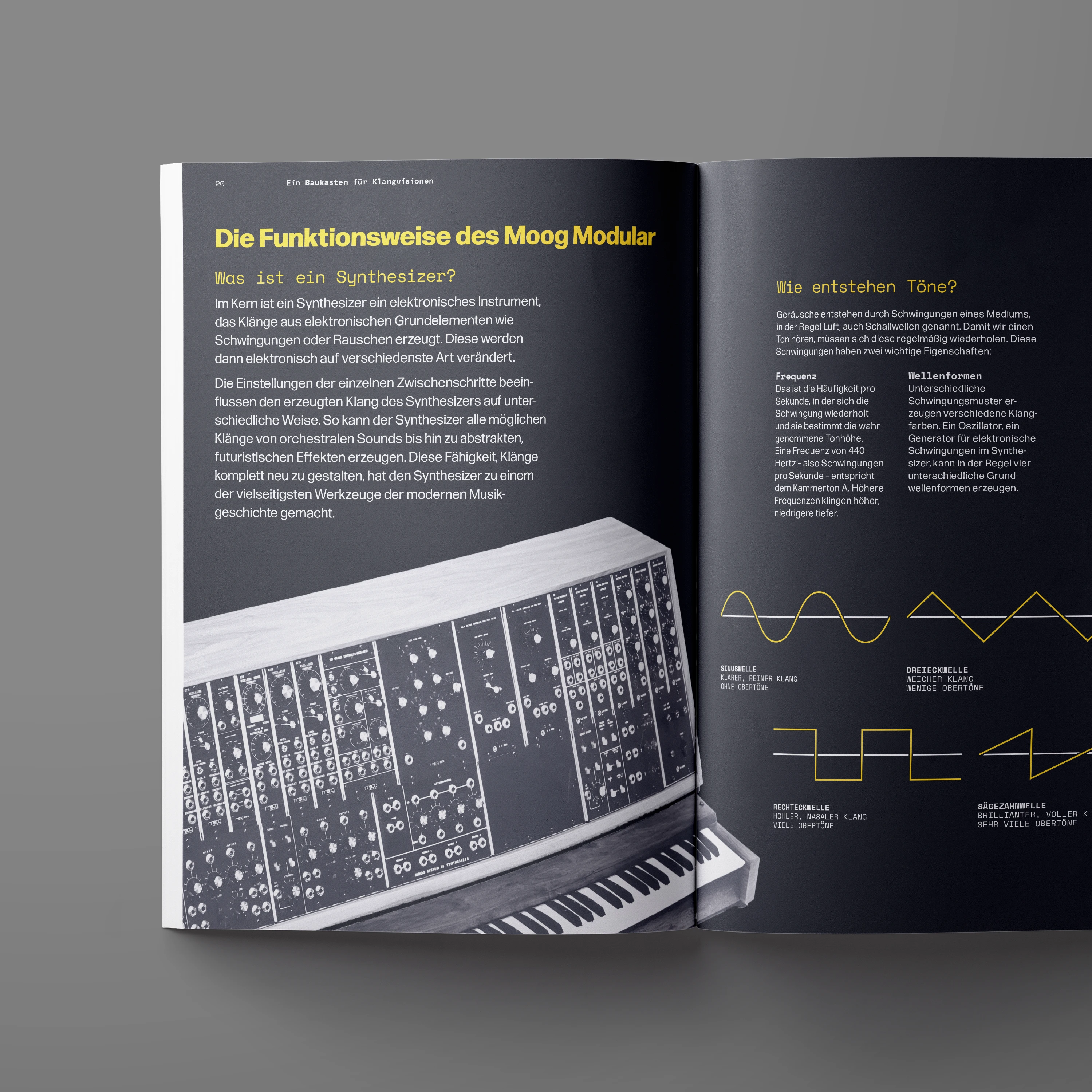 Magazin-Doppelseite mit Erklärung der Funktionsweise eines modularen Synthesizers und grafischen Wellenformen