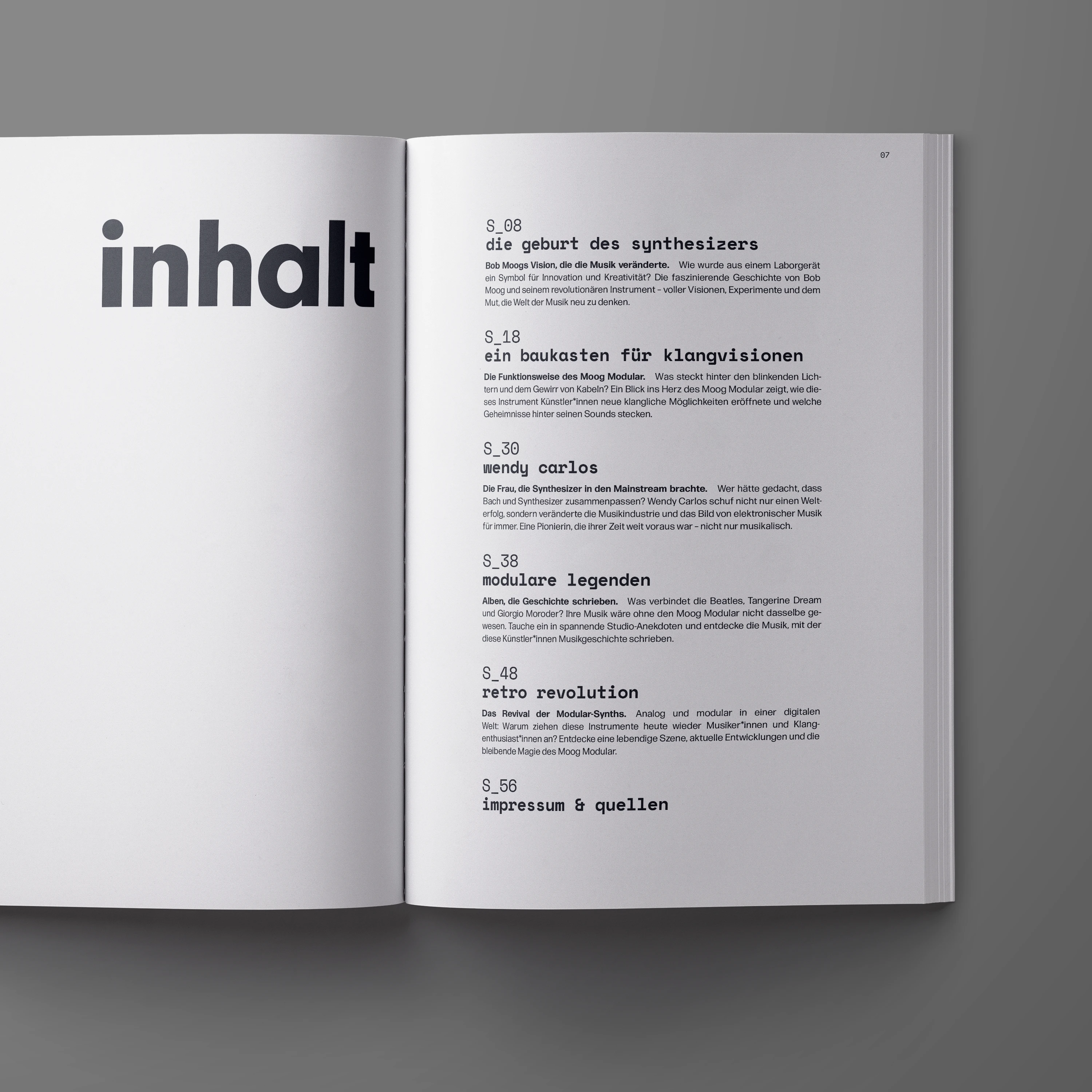 Doppelseite des Magazins mit Inhaltsverzeichnis und groß gesetzter Überschrift „inhalt“