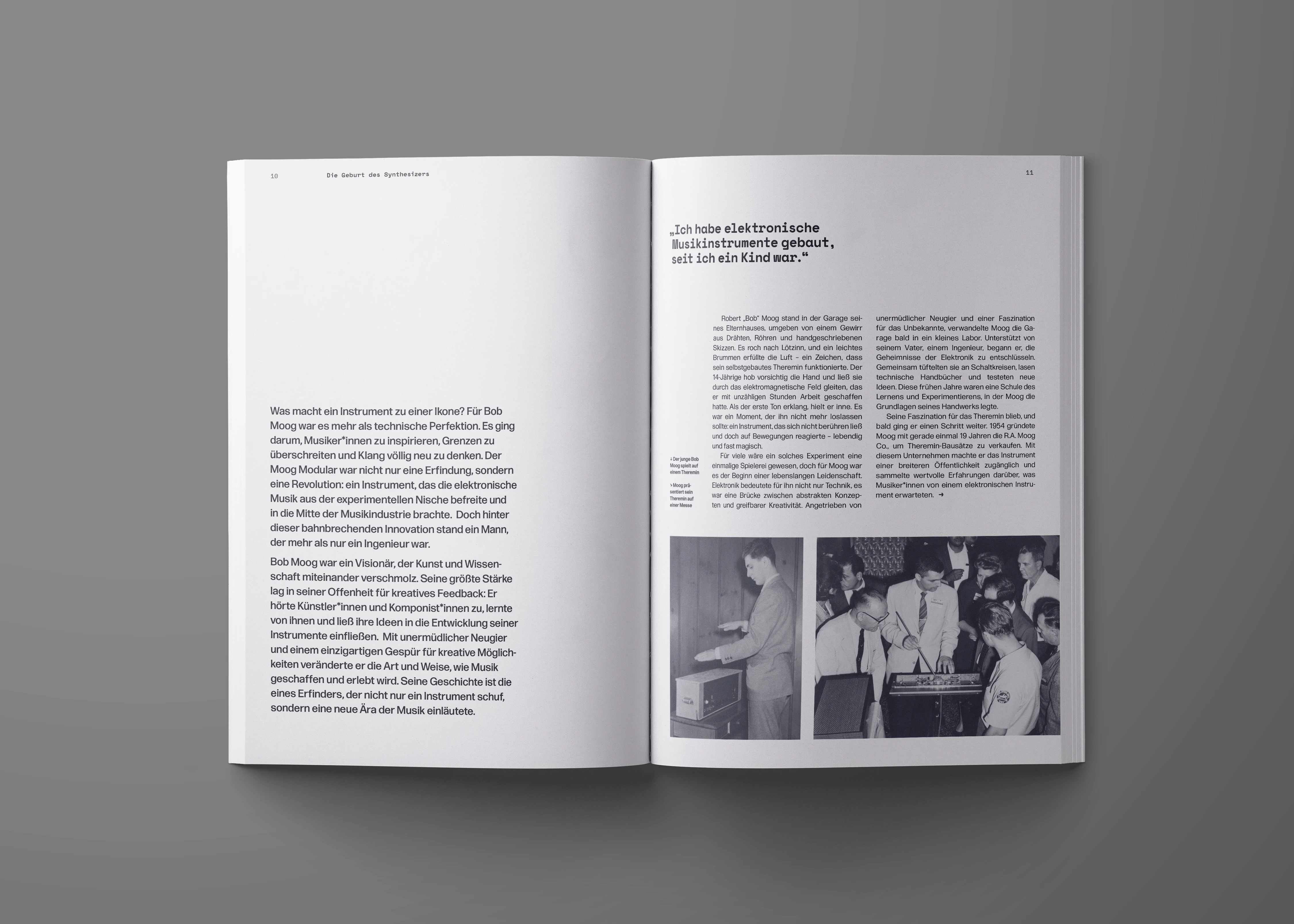 Doppelseite mit Fließtext und historischen Fotografien zur Entwicklung elektronischer Instrumente