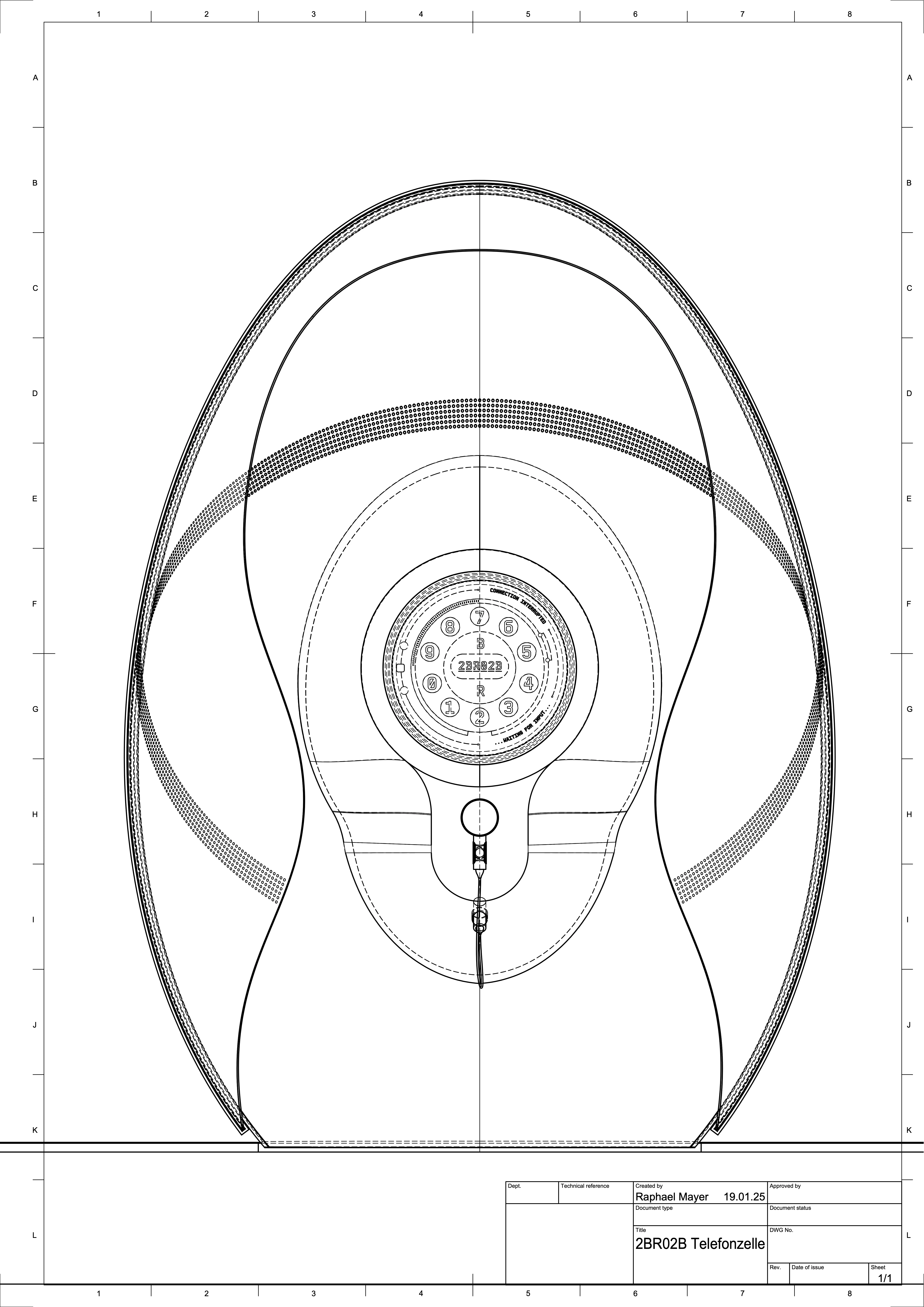 Technische Frontansicht einer futuristischen Telefonzelle mit zentralem Interface und symmetrischem Gehäuse