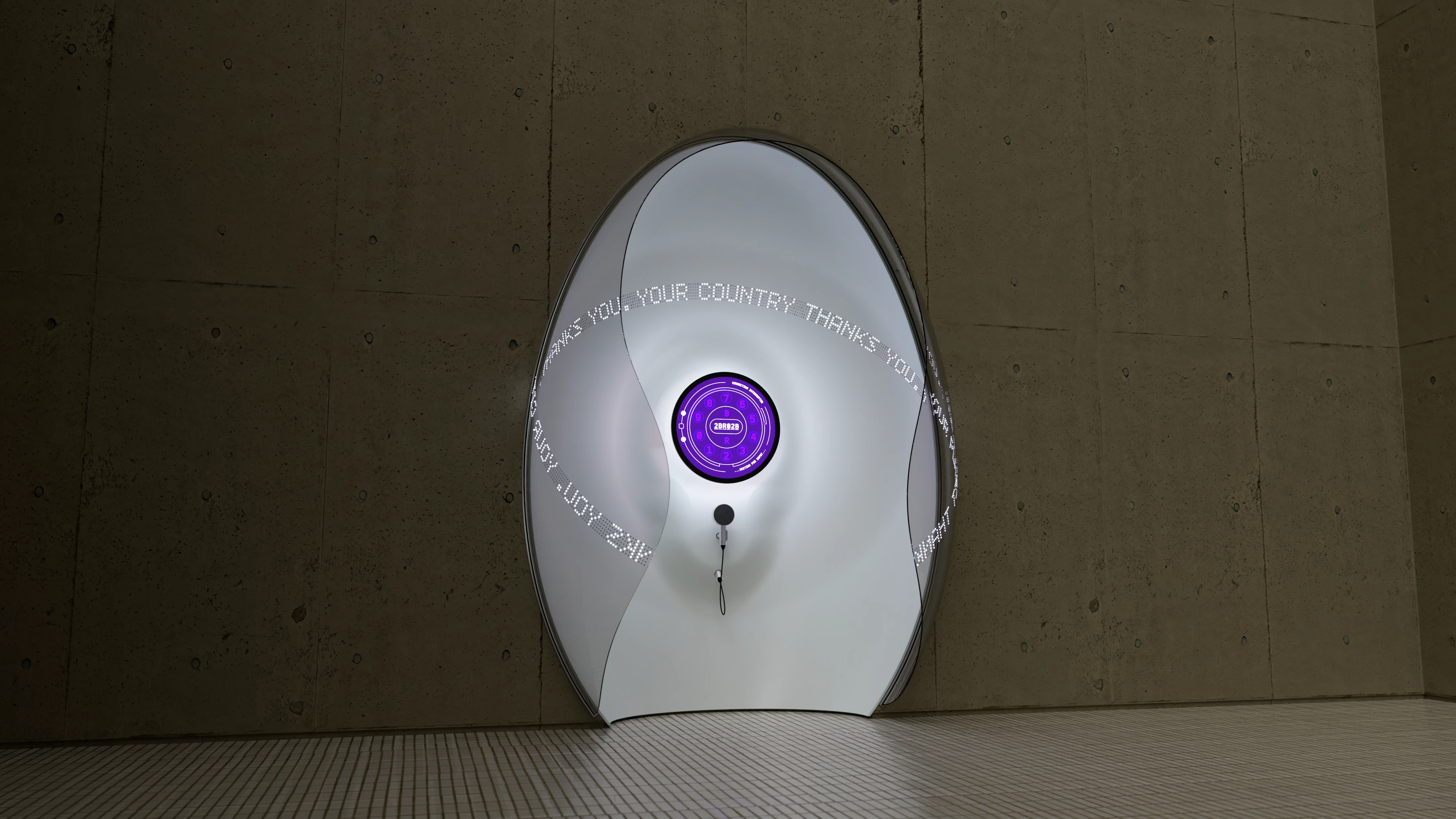 3D-Rendering einer futuristischen Telefonzelle mit ovalem Gehäuse und zentralem Interface vor Betonwand
