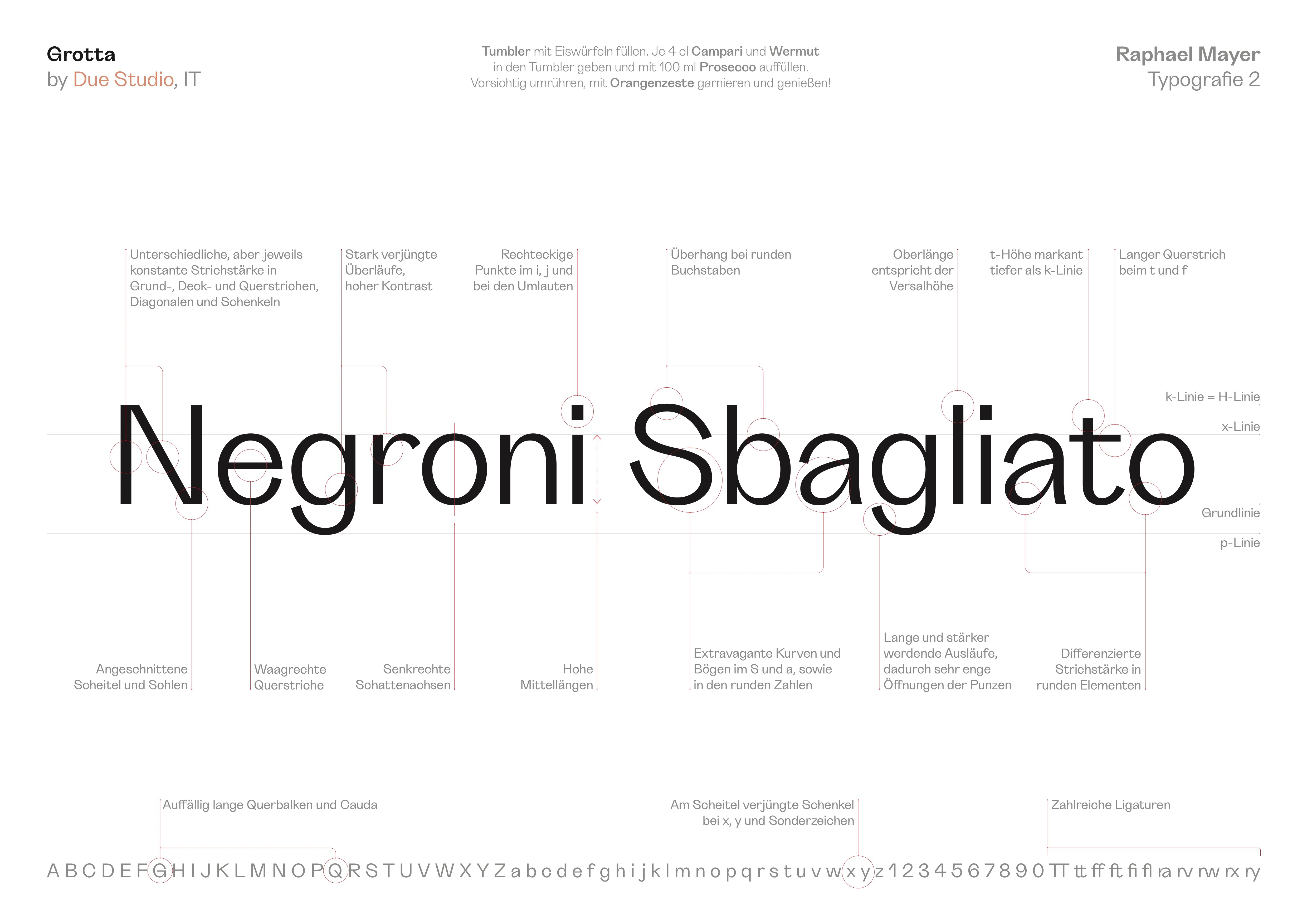 Typografische Analyse der Schrift Grotta mit markierten Konstruktionsmerkmalen, Proportionen und Strichkontrasten