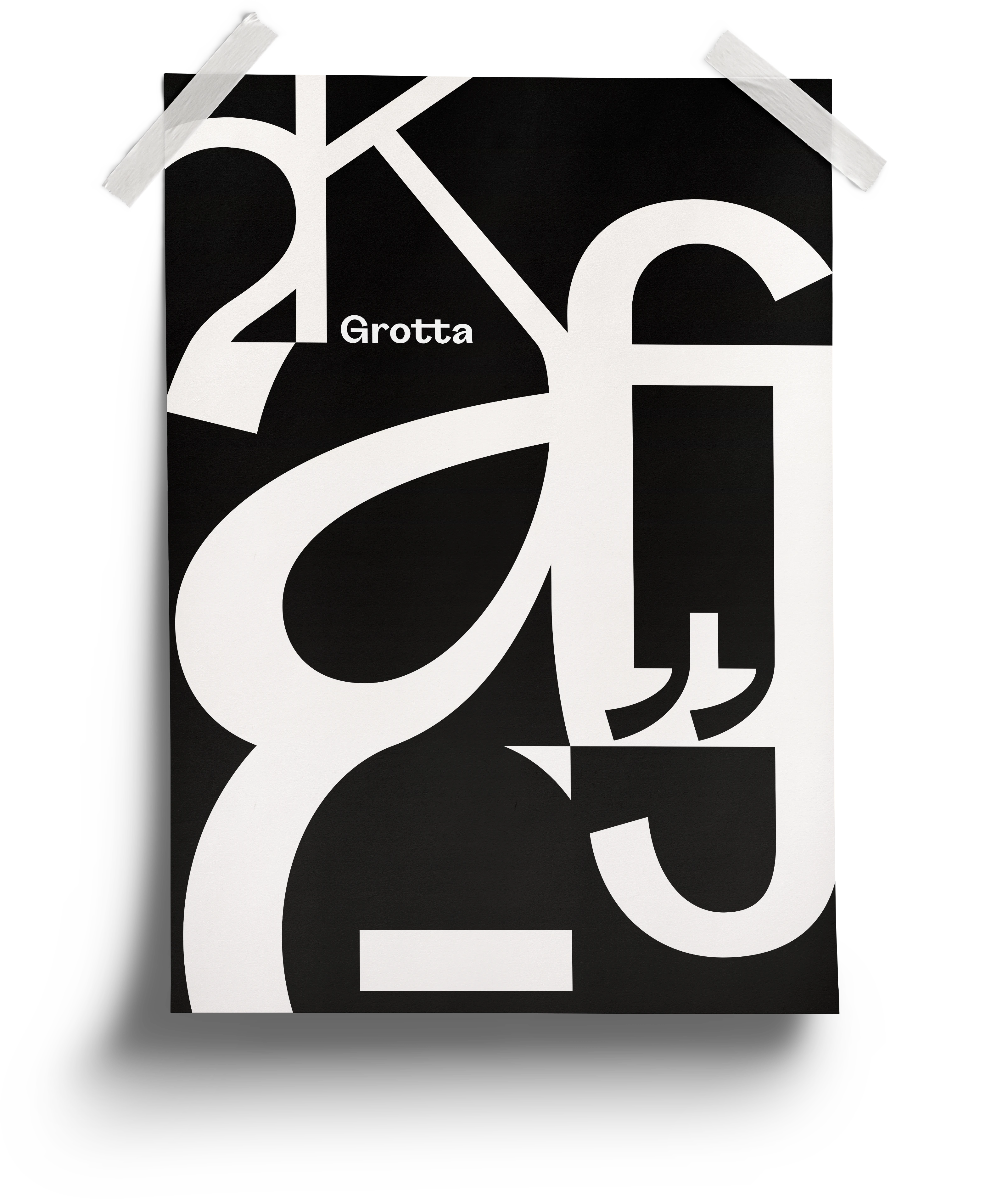 Großformatiges Plakat mit überlagernden Buchstabenformen der Grotta als abstrakte Form-Komposition