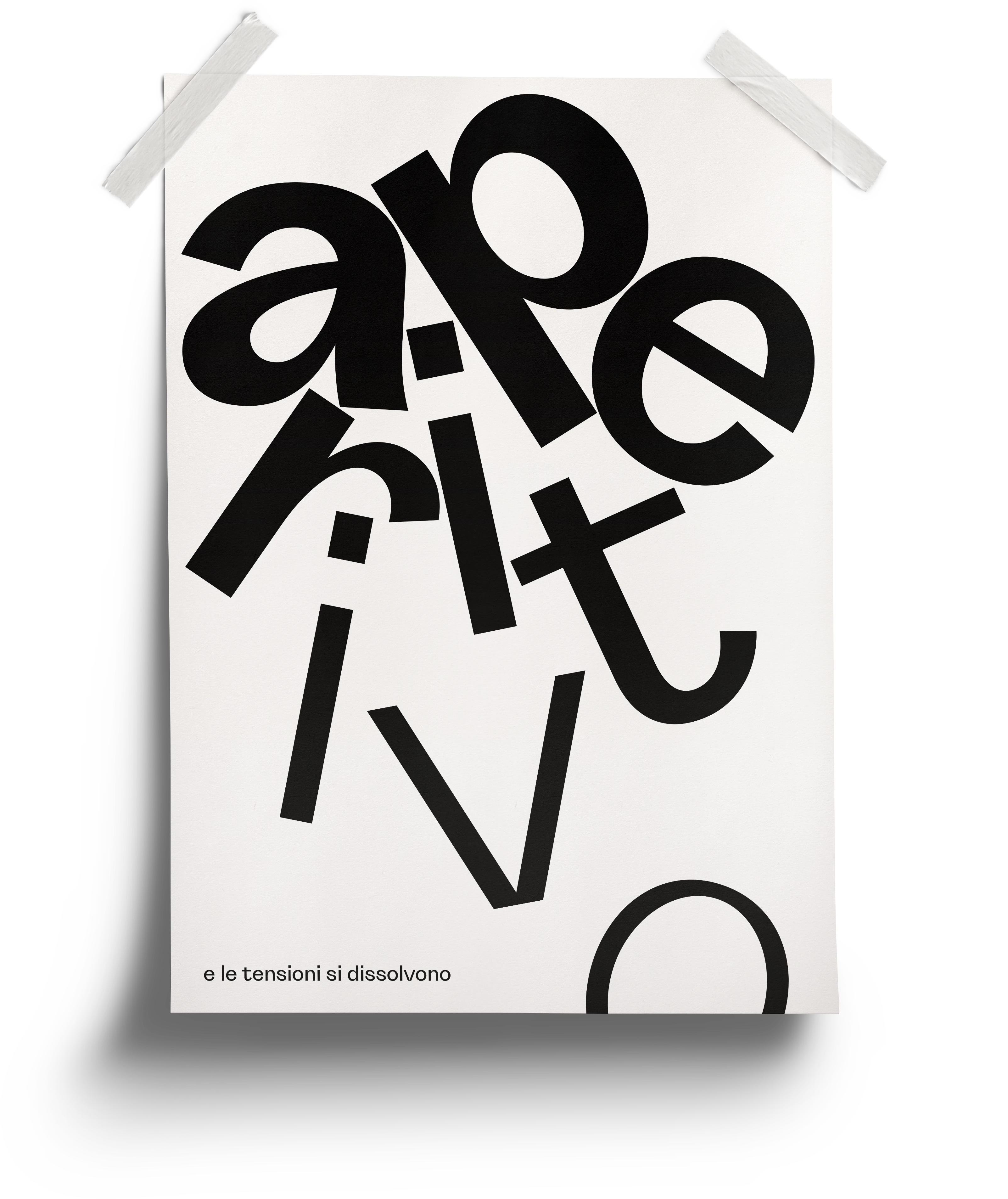 Experimentelles Typografieplakat mit fragmentierter Grotta-Schriftund spielerischer Anordnung von Buchstabenformen „Aperitivo“