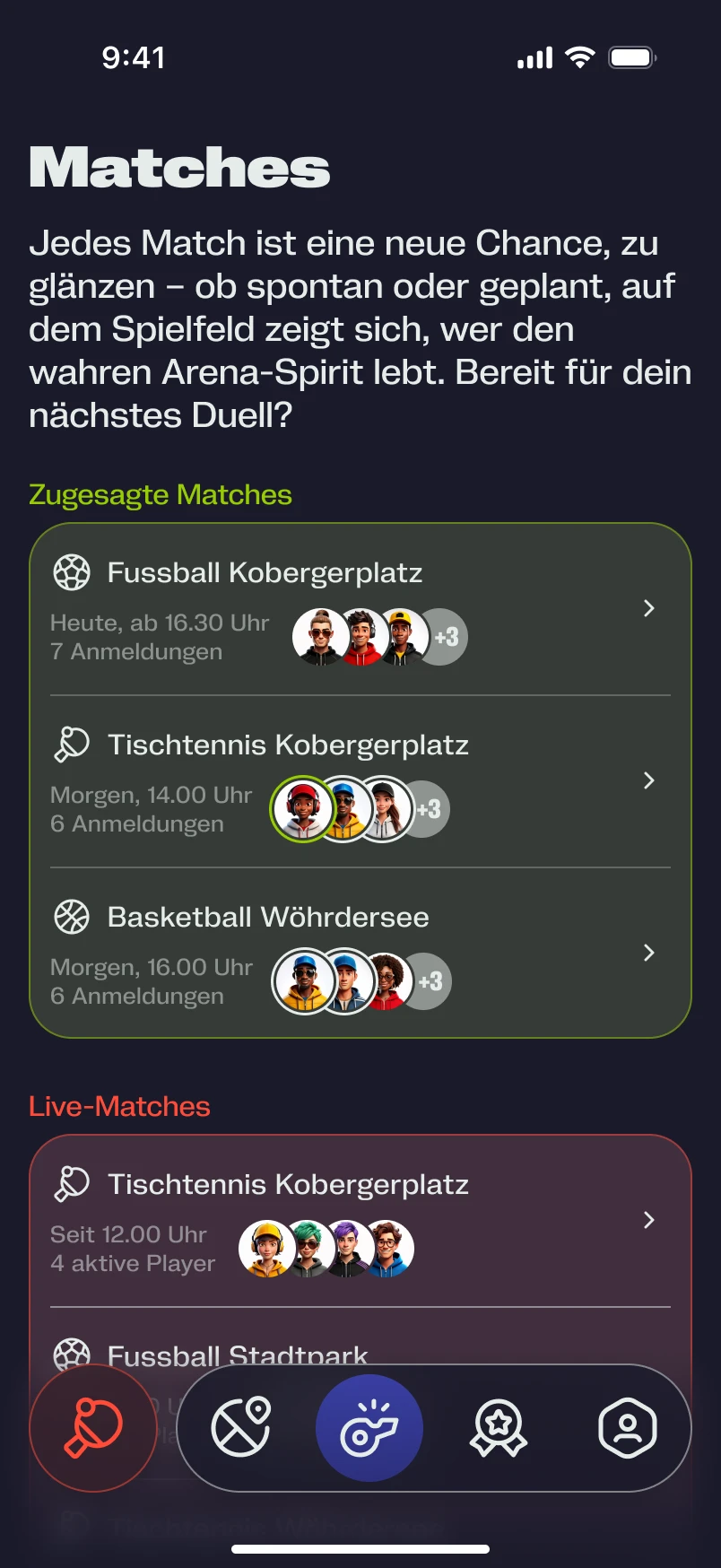 Übersicht aktiver und geplanter Matches mit klarer Hierarchie zur schnellen Entscheidungsfindung und Teilnahme